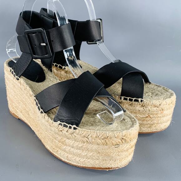 CELINE Size 7 Black Natural Leather Espadrille Sandals - Picture 1 of 9